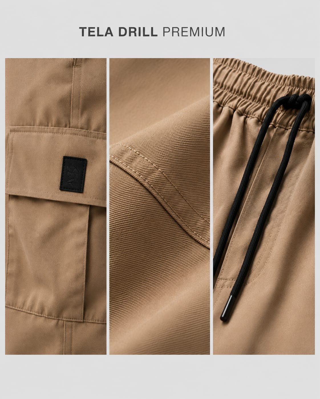 Detalle del material, bolsillos y cordones del pantalón cargo